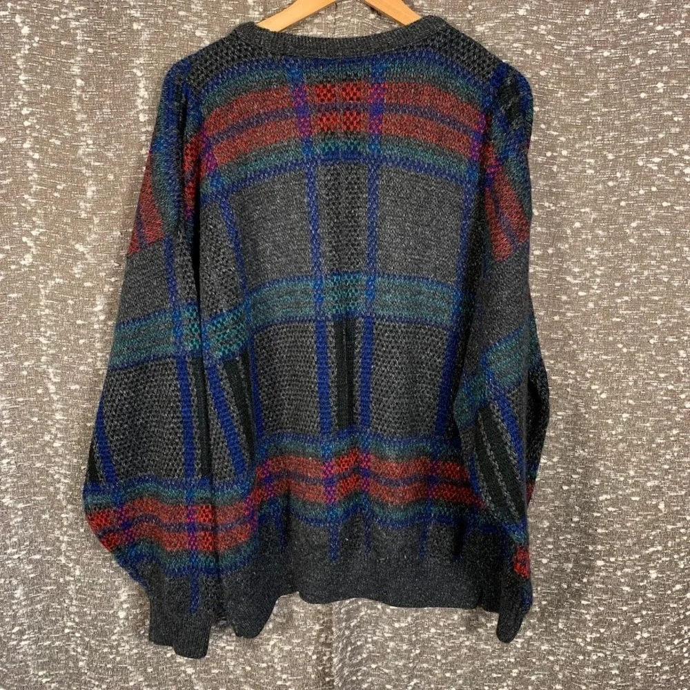 Vintage Jantzen Plaid Knit Sweater Mens Large Gray Multicolor 90s Grunge Slouchy